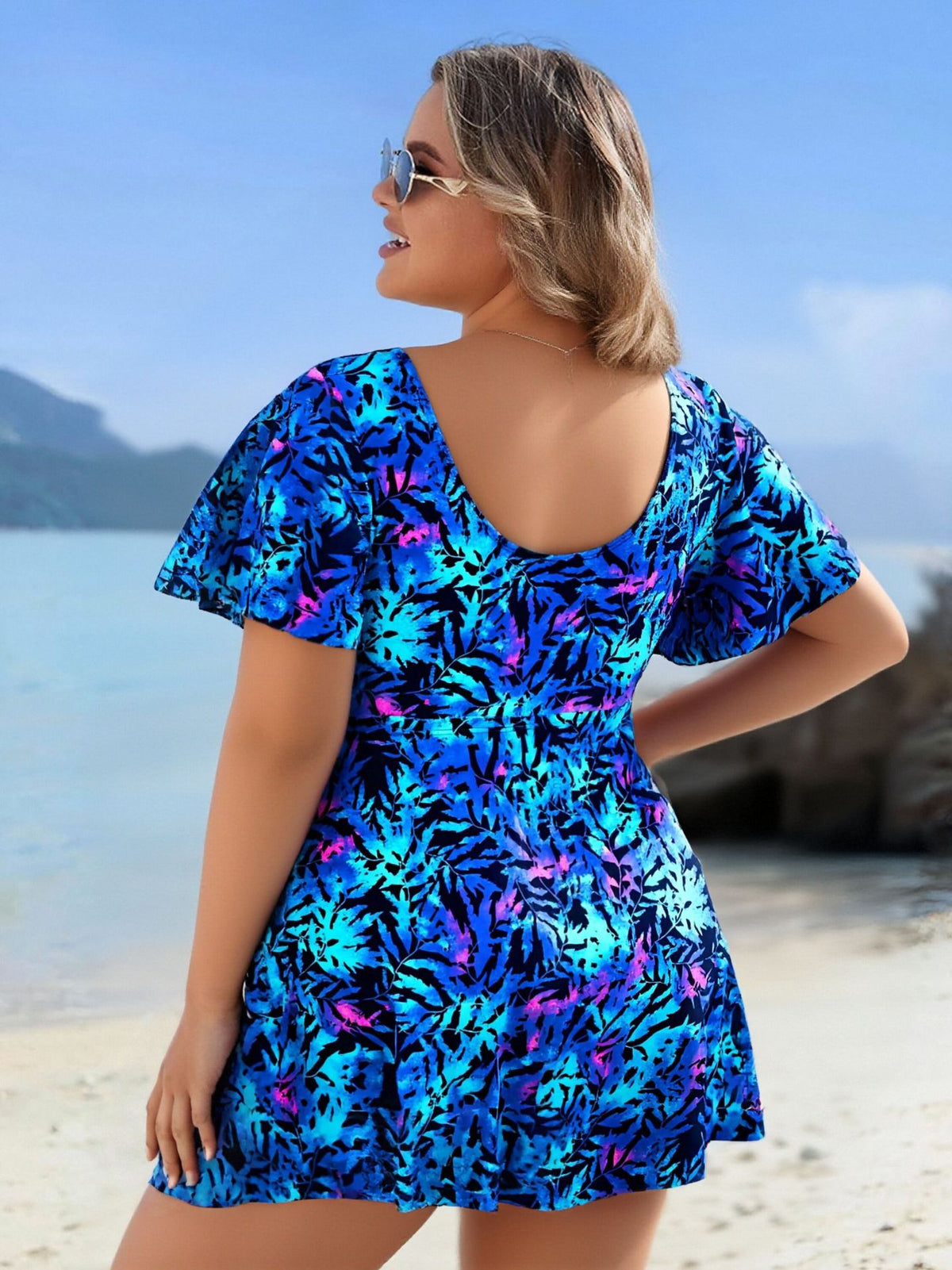 Plus Size Floral Flutter Sleeve Tankini Set - Tummy Control Two-Piece Bathers with Modest Shorts Blue