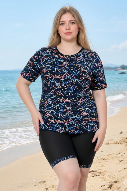 Plus Size Geometric Short Sleeve Tankini with Boyleg Shorts