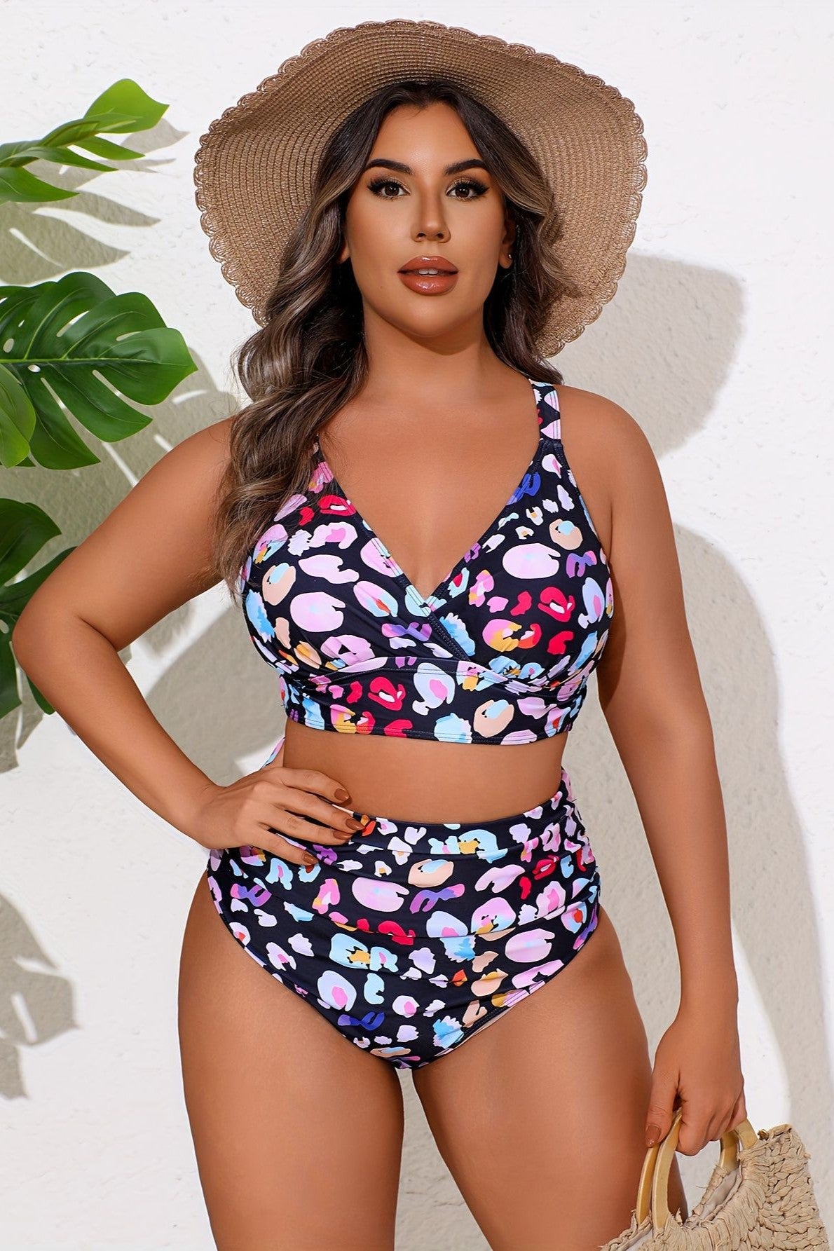 Plus Size Vibrant Abstract Print High-Waist Bikini