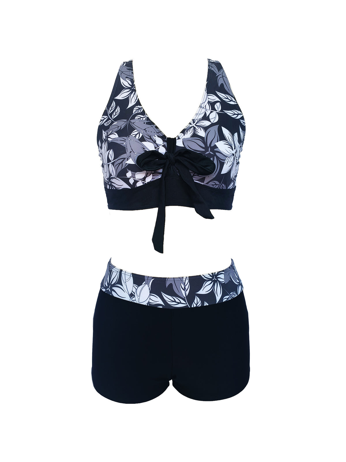 Floral Print Tie-Front Bikini for Women - Black V-Neck Bikini Top and High Waisted Boy Short Bottoms Black