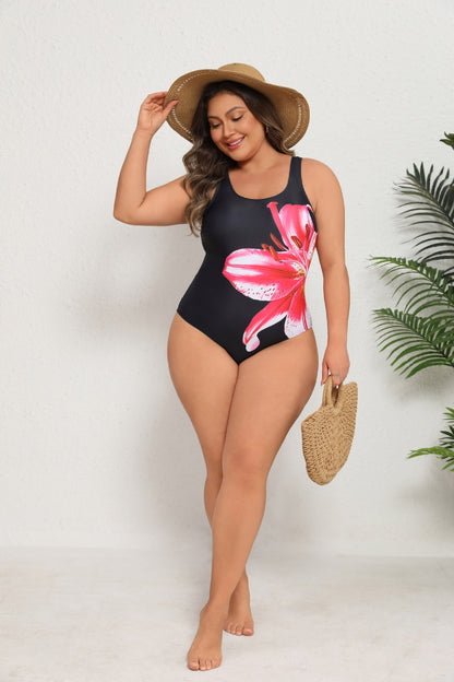 Plus Size Pink Lily Print One-Piece Swimsuit