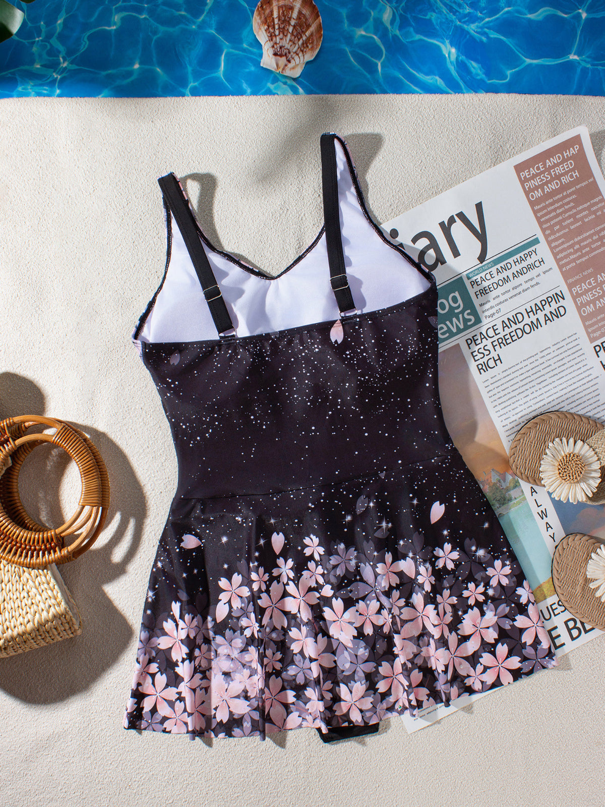 Midnight Sakura Wrap Swim Dress