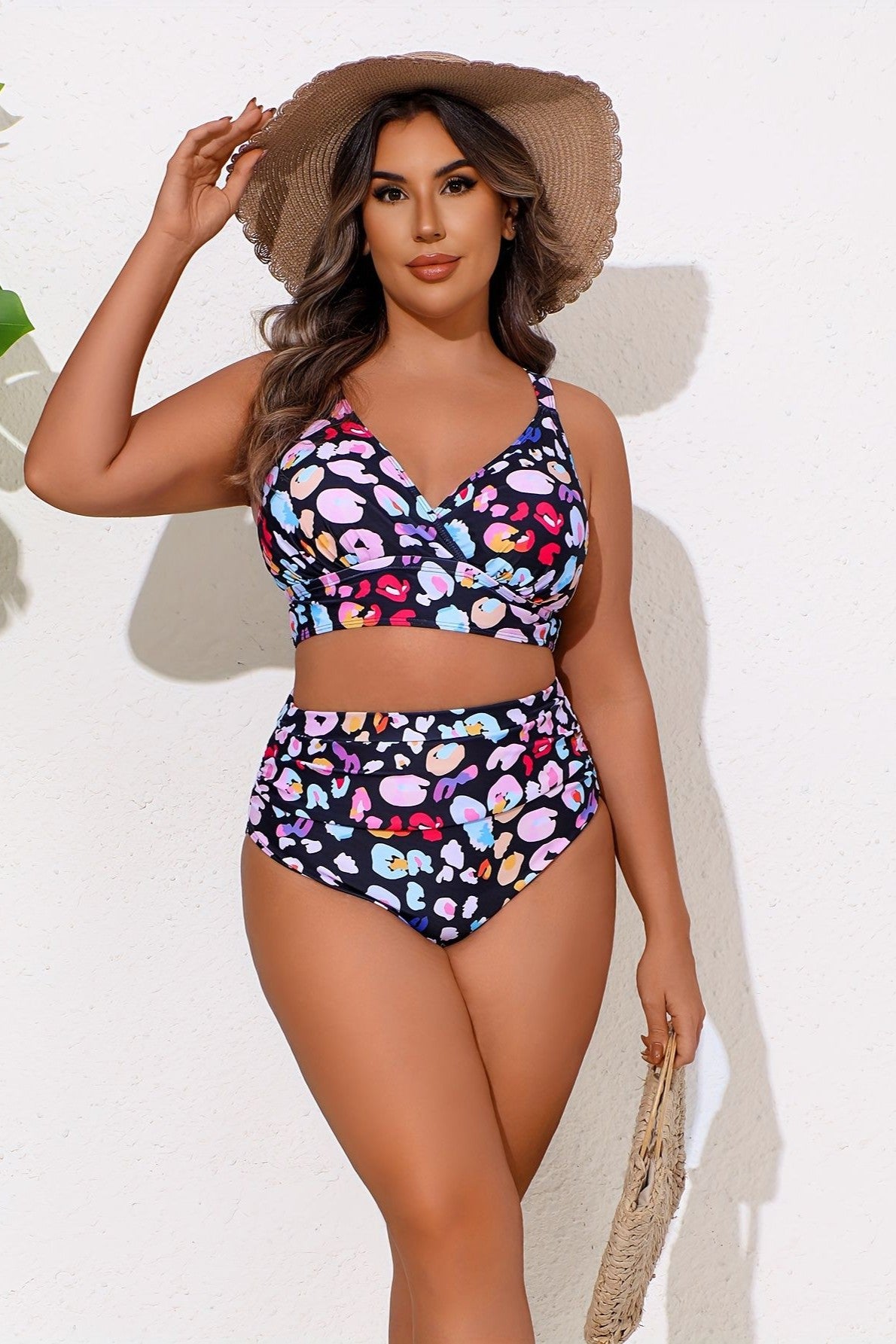 Plus Size Vibrant Abstract Print High-Waist Bikini