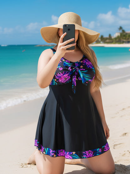 Women's Plus Size Floral Print Swim Dress with Bow Knot